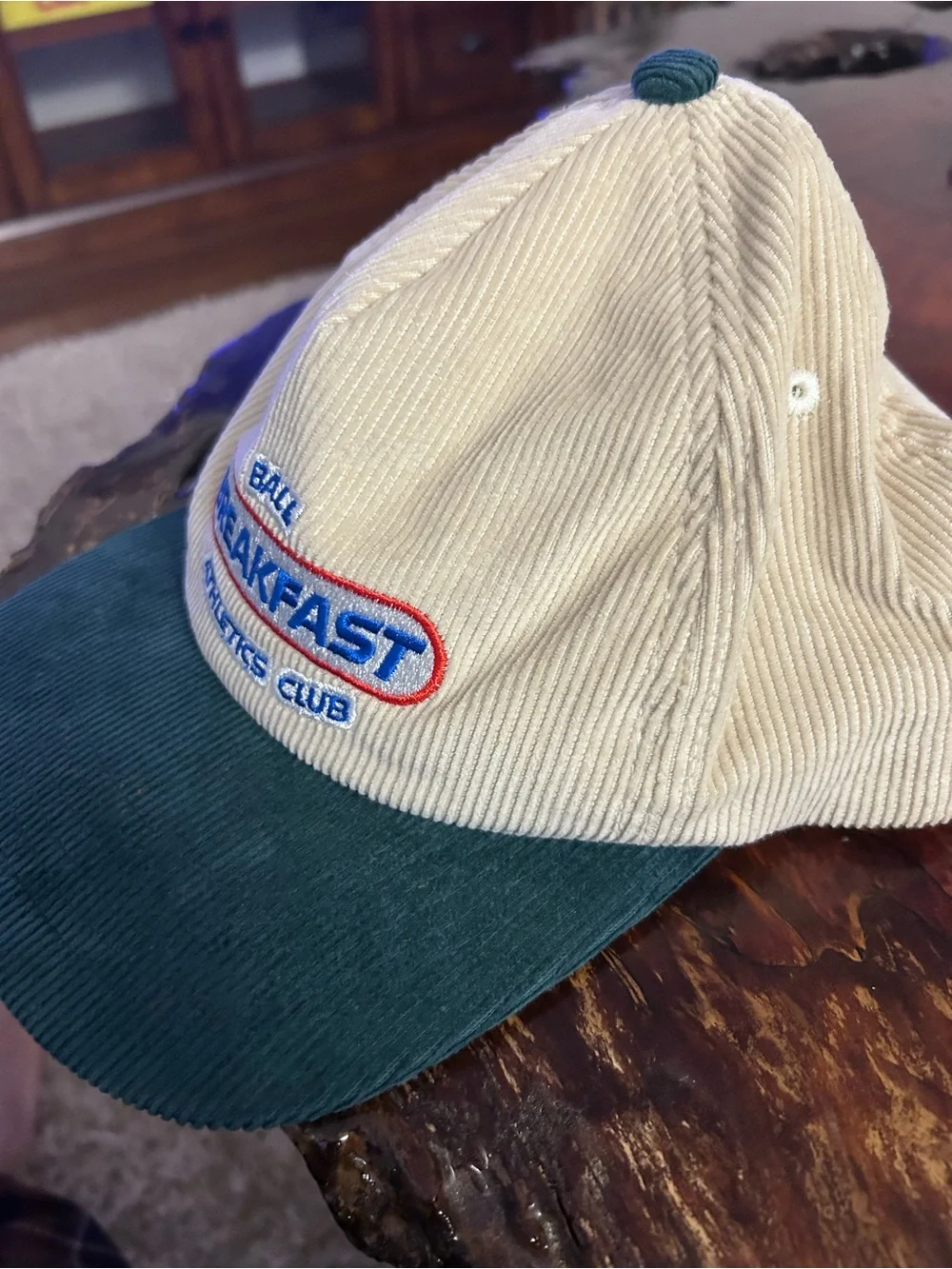 Breakfast Athletics Club Corduroy Hat in Cream & Dark Green